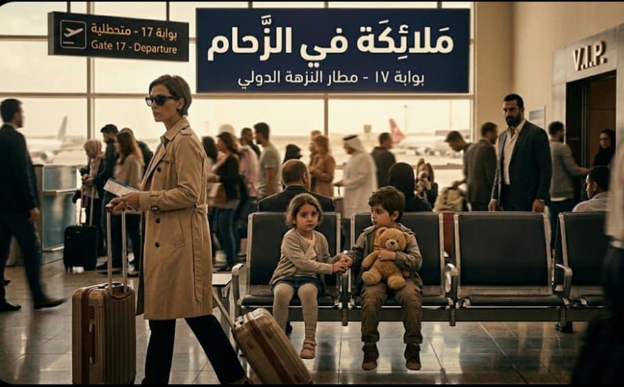 ​صورة تعبيرية لقصة ملائكة في الزحام تظهر طفلين توأم يجلسان في المطار بجوار بوابة 17 وامرأة تبتعد عنهما، مع ظهور رجل أعمال يراقب الموقف.